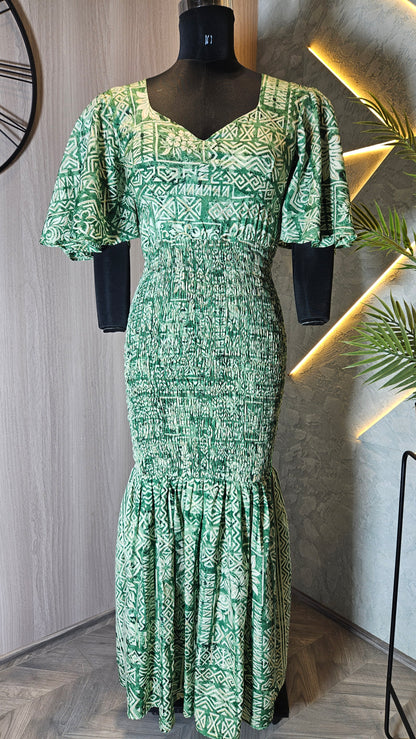 0129-D-HOB- Ethnic Elegance Smocked Maxi Dress with Flared Sleeves - Made in India