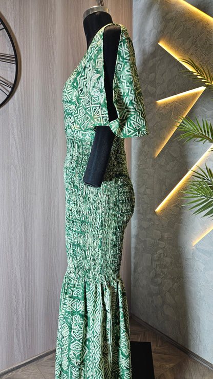 0129-D-HOB- Ethnic Elegance Smocked Maxi Dress with Flared Sleeves - Made in India