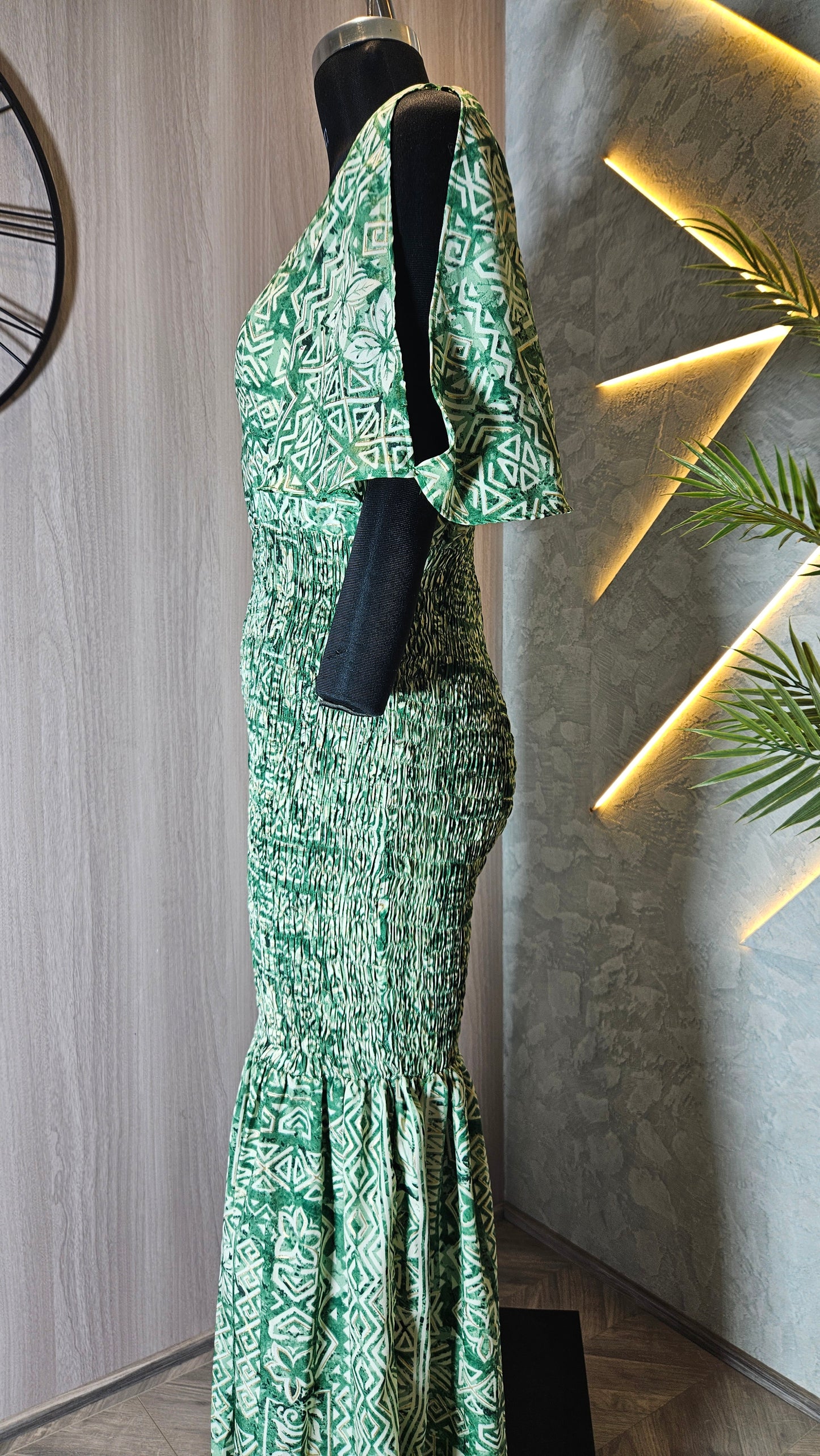 0129-D-HOB- Ethnic Elegance Smocked Maxi Dress with Flared Sleeves - Made in India