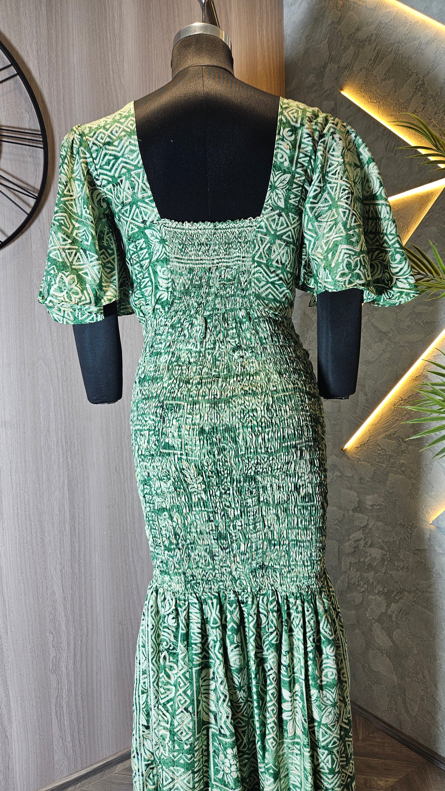 0129-D-HOB- Ethnic Elegance Smocked Maxi Dress with Flared Sleeves - Made in India