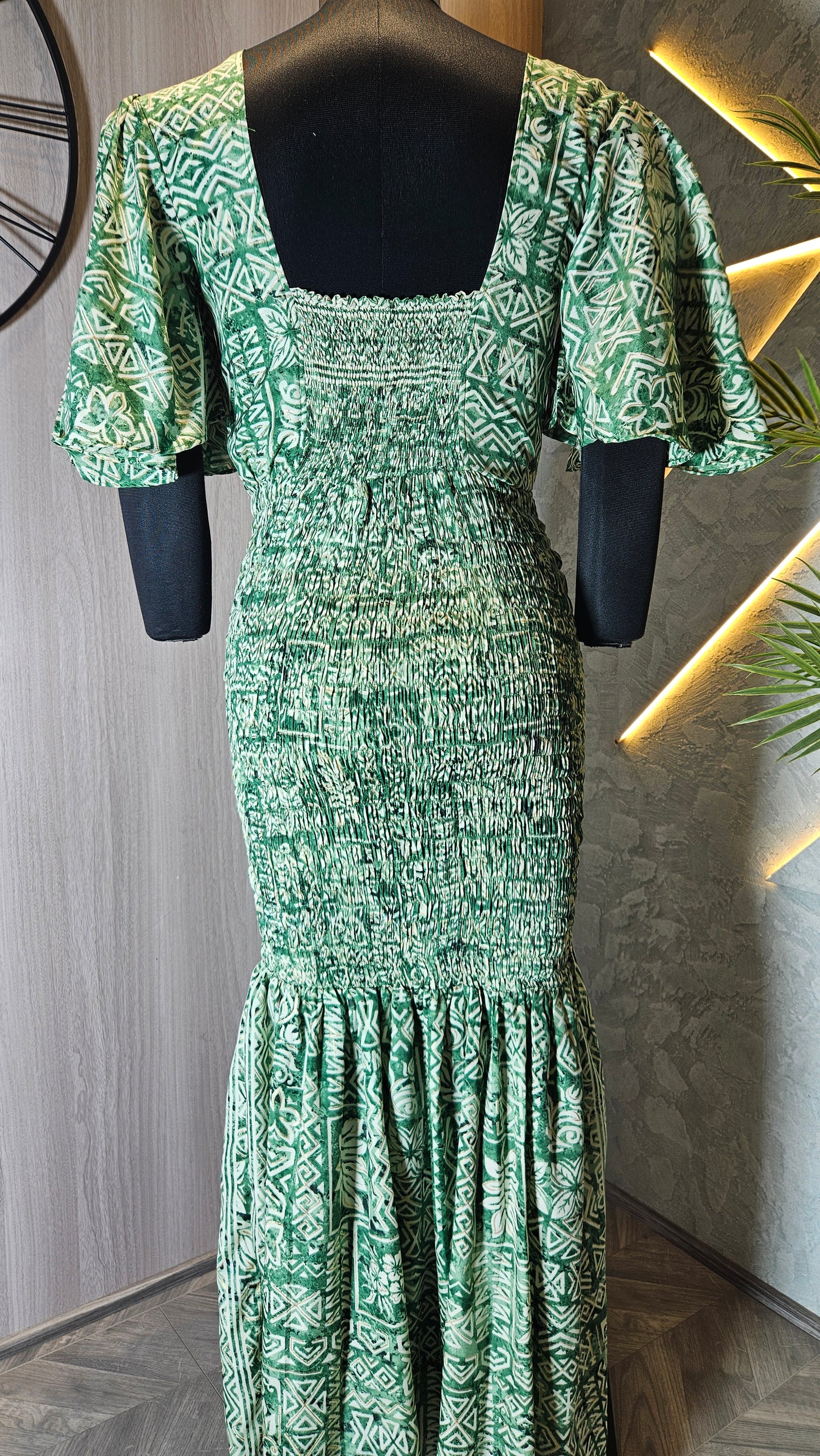 0129-D-HOB- Ethnic Elegance Smocked Maxi Dress with Flared Sleeves - Made in India