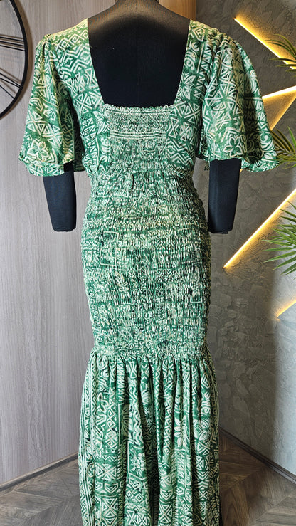 0129-D-HOB- Ethnic Elegance Smocked Maxi Dress with Flared Sleeves - Made in India