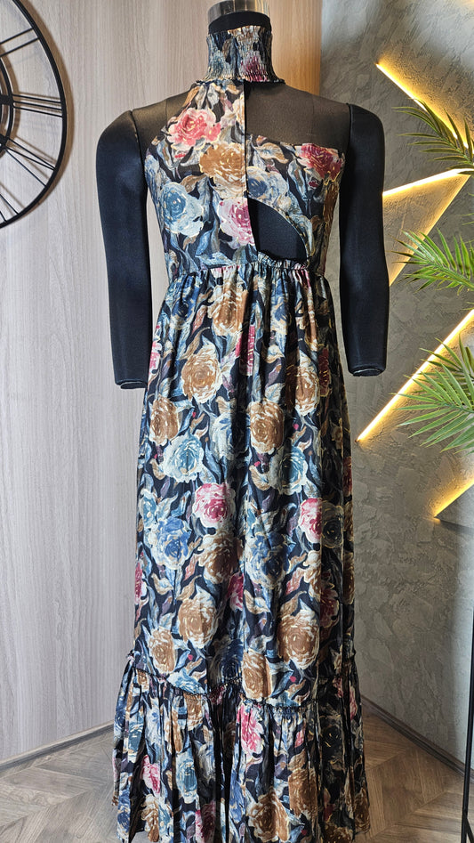 0130-C-HOB- Women's High Neck Floral Maxi Dress with Side Cut-Out - Made in India