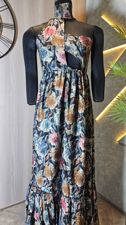 0130-C-HOB- Women's High Neck Floral Maxi Dress with Side Cut-Out - Made in India