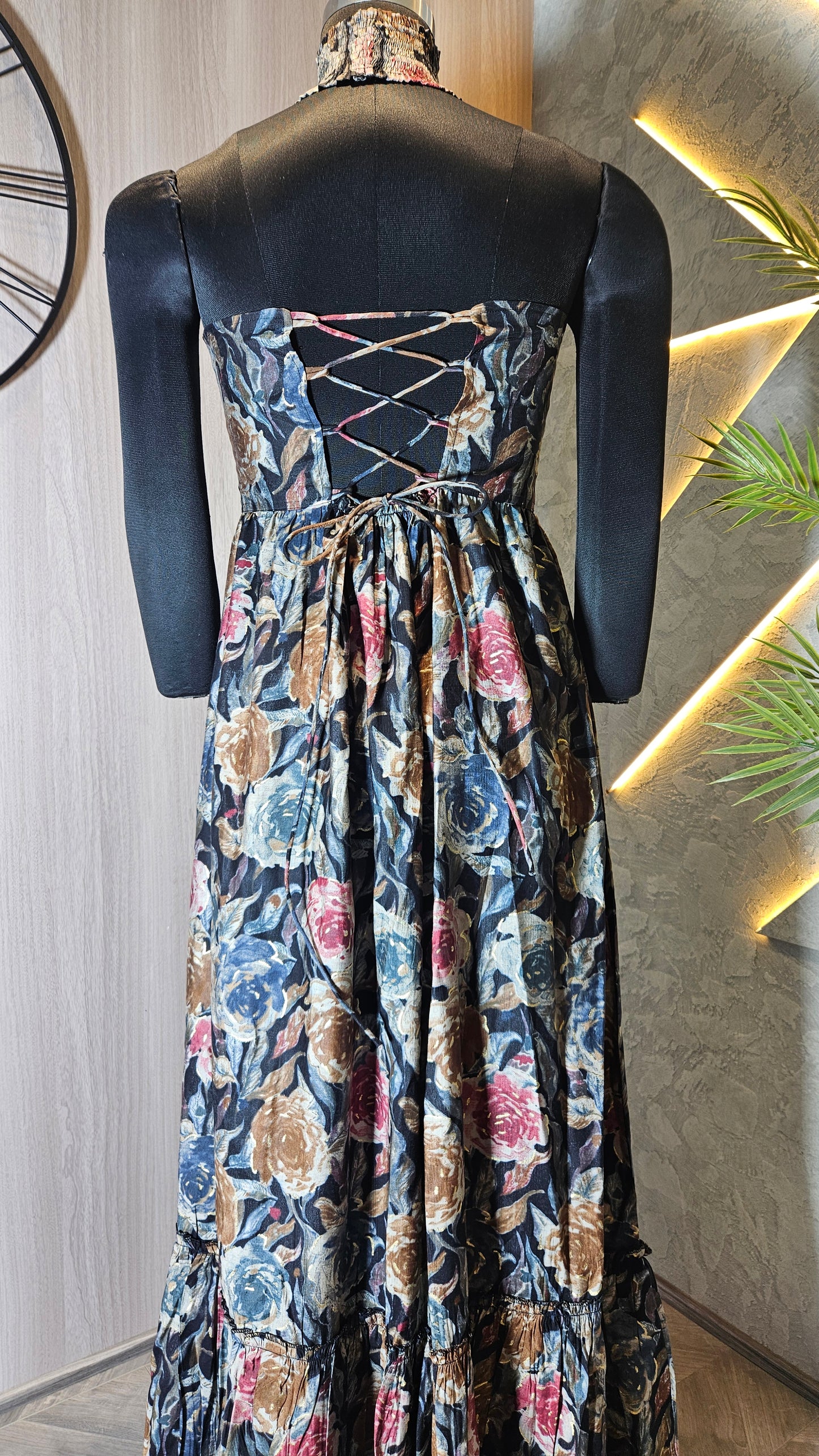 0130-C-HOB- Women's High Neck Floral Maxi Dress with Side Cut-Out - Made in India