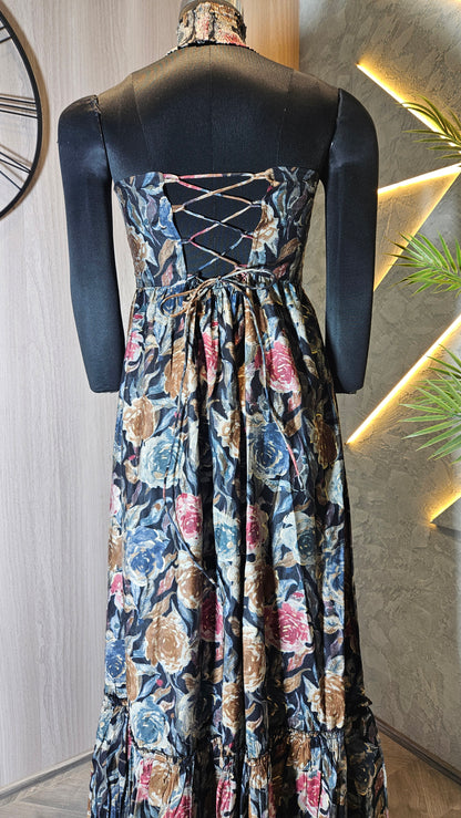 0130-C-HOB- Women's High Neck Floral Maxi Dress with Side Cut-Out - Made in India