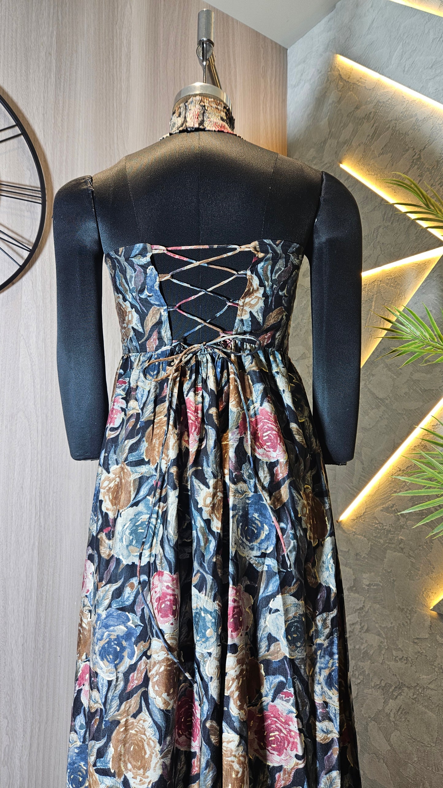 0130-C-HOB- Women's High Neck Floral Maxi Dress with Side Cut-Out - Made in India