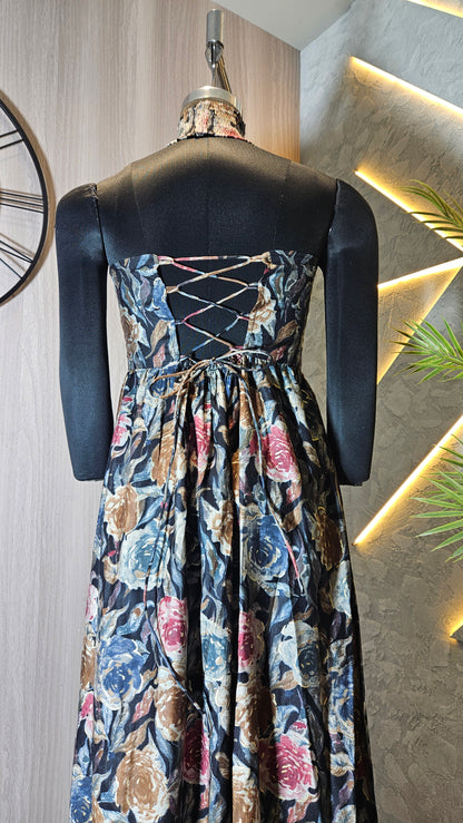 0130-C-HOB- Women's High Neck Floral Maxi Dress with Side Cut-Out - Made in India