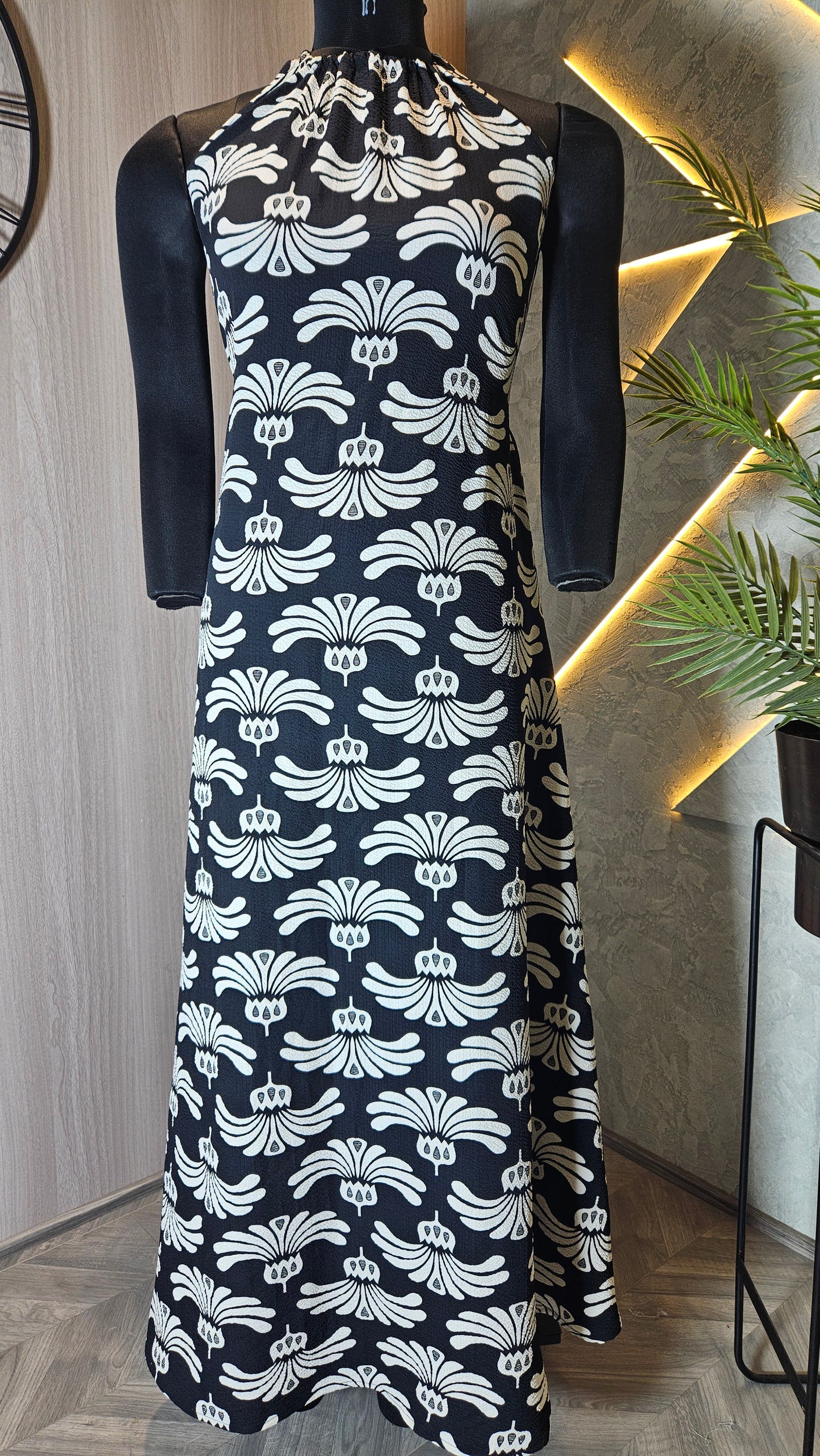 0132-D-HOB- Elegant Black & White Printed Halter Neck Dress - Made in India