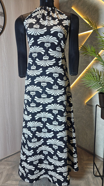 0132-D-HOB- Elegant Black & White Printed Halter Neck Dress - Made in India