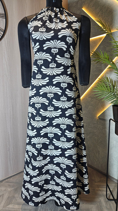 0132-D-HOB- Elegant Black & White Printed Halter Neck Dress - Made in India
