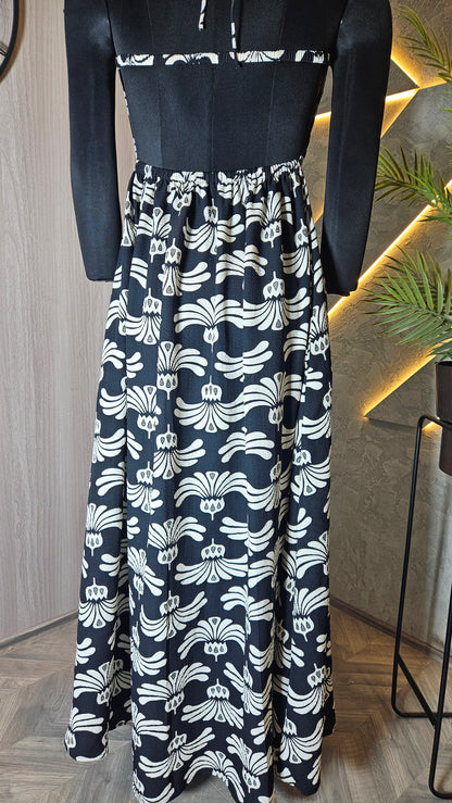 0132-D-HOB- Elegant Black & White Printed Halter Neck Dress - Made in India