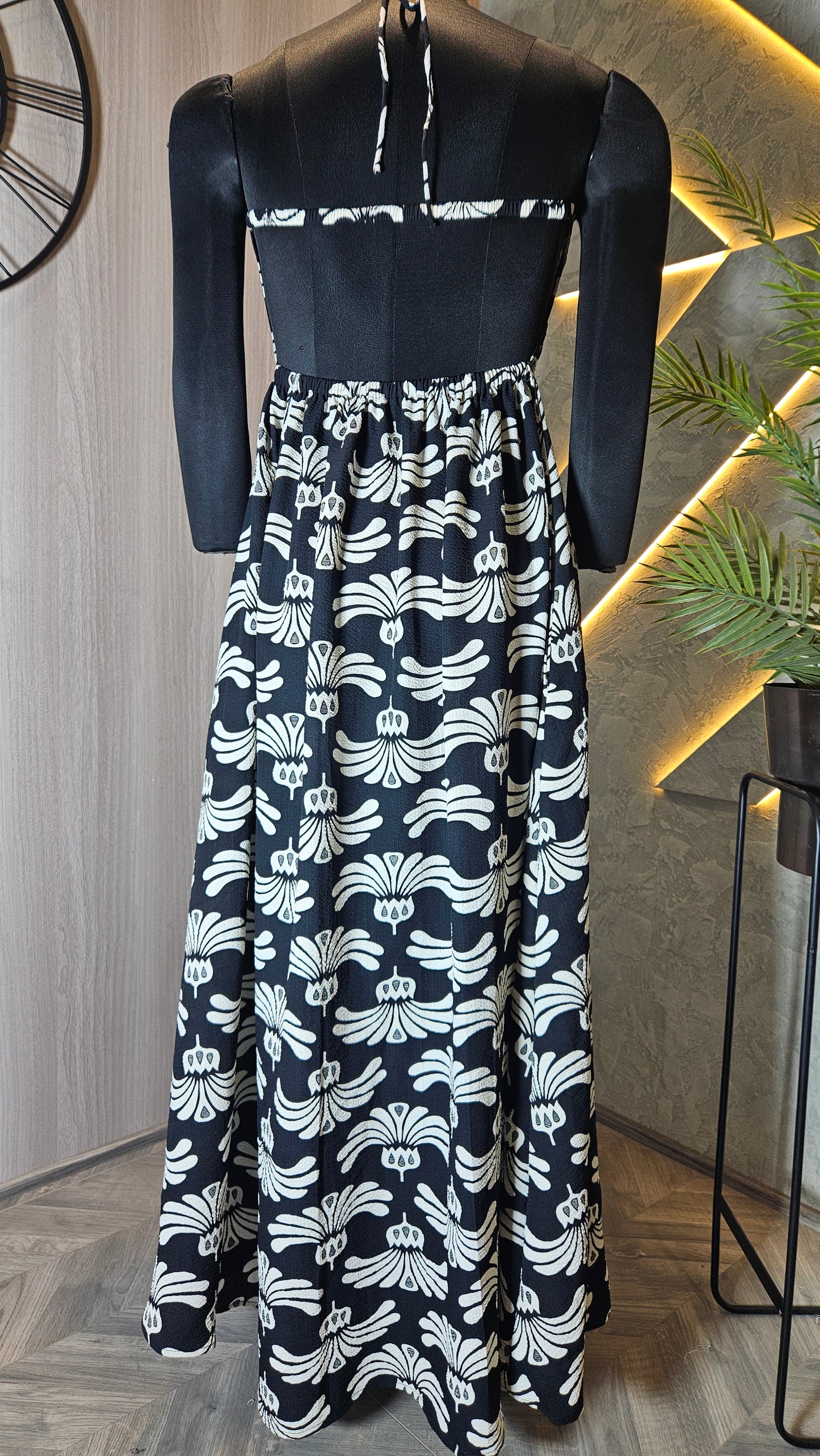 0132-D-HOB- Elegant Black & White Printed Halter Neck Dress - Made in India