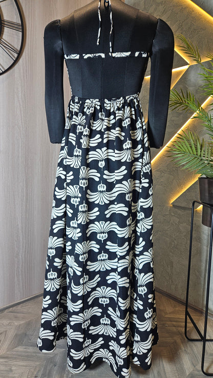 0132-D-HOB- Elegant Black & White Printed Halter Neck Dress - Made in India