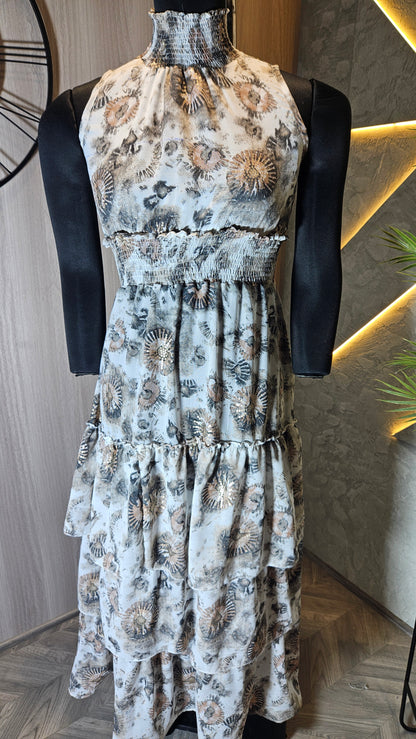 0135-D-HOB- Elegant Tiered Printed Maxi Dress with Smocked Waist and Neckline- Made in India