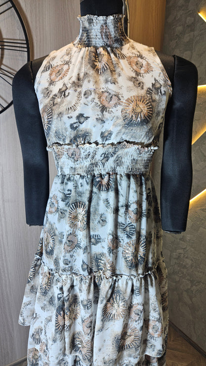 0135-D-HOB- Elegant Tiered Printed Maxi Dress with Smocked Waist and Neckline- Made in India