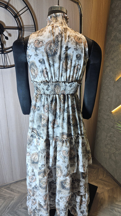 0135-D-HOB- Elegant Tiered Printed Maxi Dress with Smocked Waist and Neckline- Made in India