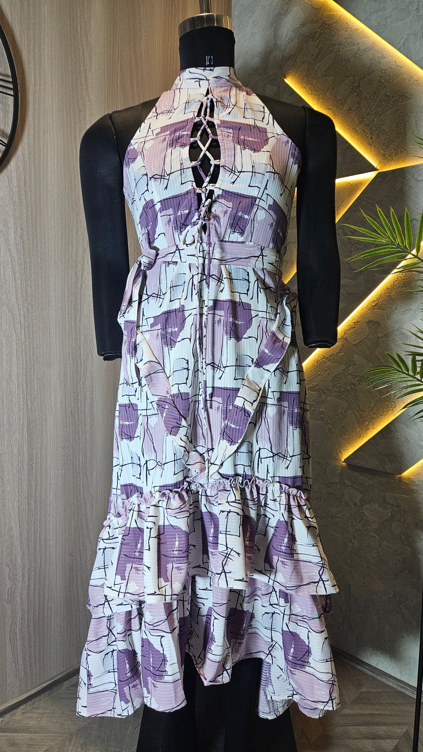 0136-D-HOB- Elegant Abstract Print Halter Neck Ruffle Dress- Made in India