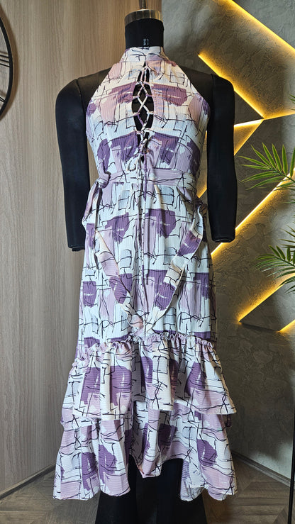 0136-D-HOB- Elegant Abstract Print Halter Neck Ruffle Dress- Made in India