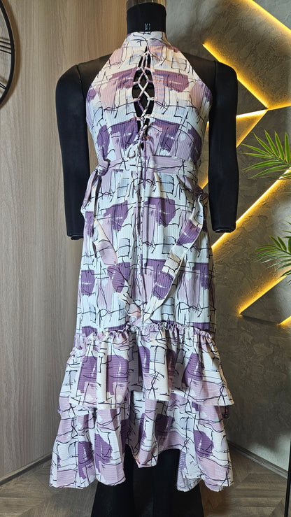 0136-D-HOB- Elegant Abstract Print Halter Neck Ruffle Dress- Made in India