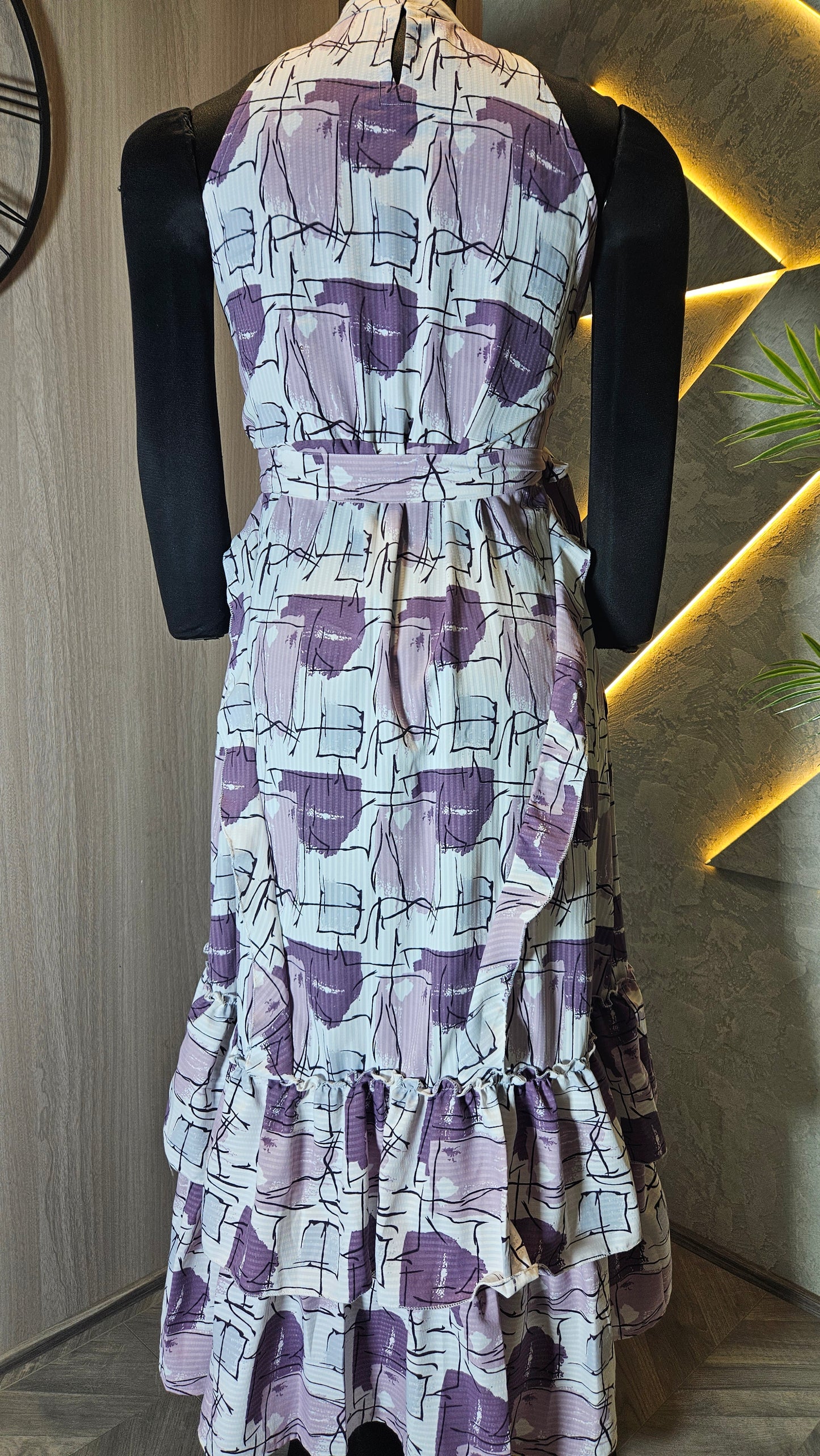 0136-D-HOB- Elegant Abstract Print Halter Neck Ruffle Dress- Made in India