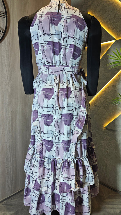 0136-D-HOB- Elegant Abstract Print Halter Neck Ruffle Dress- Made in India