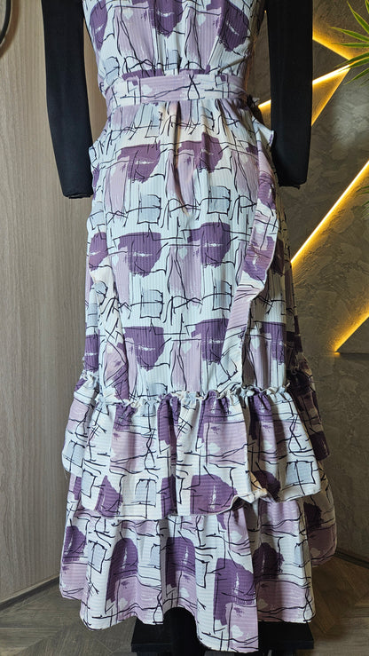 0136-D-HOB- Elegant Abstract Print Halter Neck Ruffle Dress- Made in India