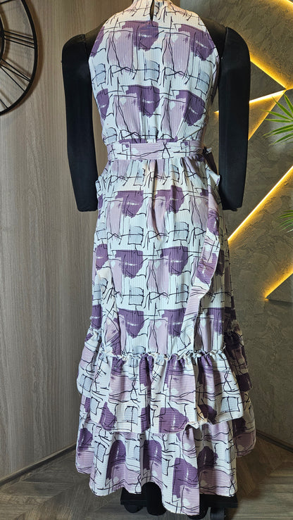 0136-D-HOB- Elegant Abstract Print Halter Neck Ruffle Dress- Made in India