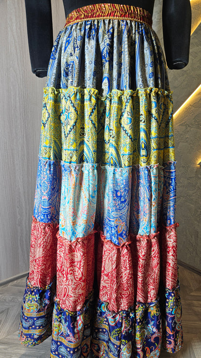 0139-SK-HOB- Bohemian Multicolor Tiered Patchwork Maxi Skirt - Made in India