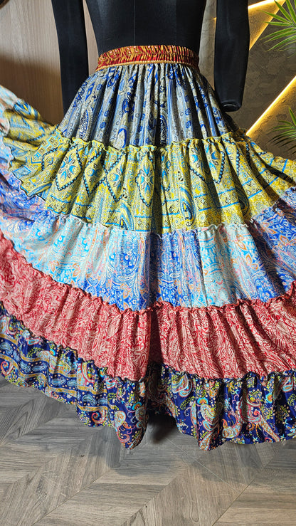 0139-SK-HOB- Bohemian Multicolor Tiered Patchwork Maxi Skirt - Made in India