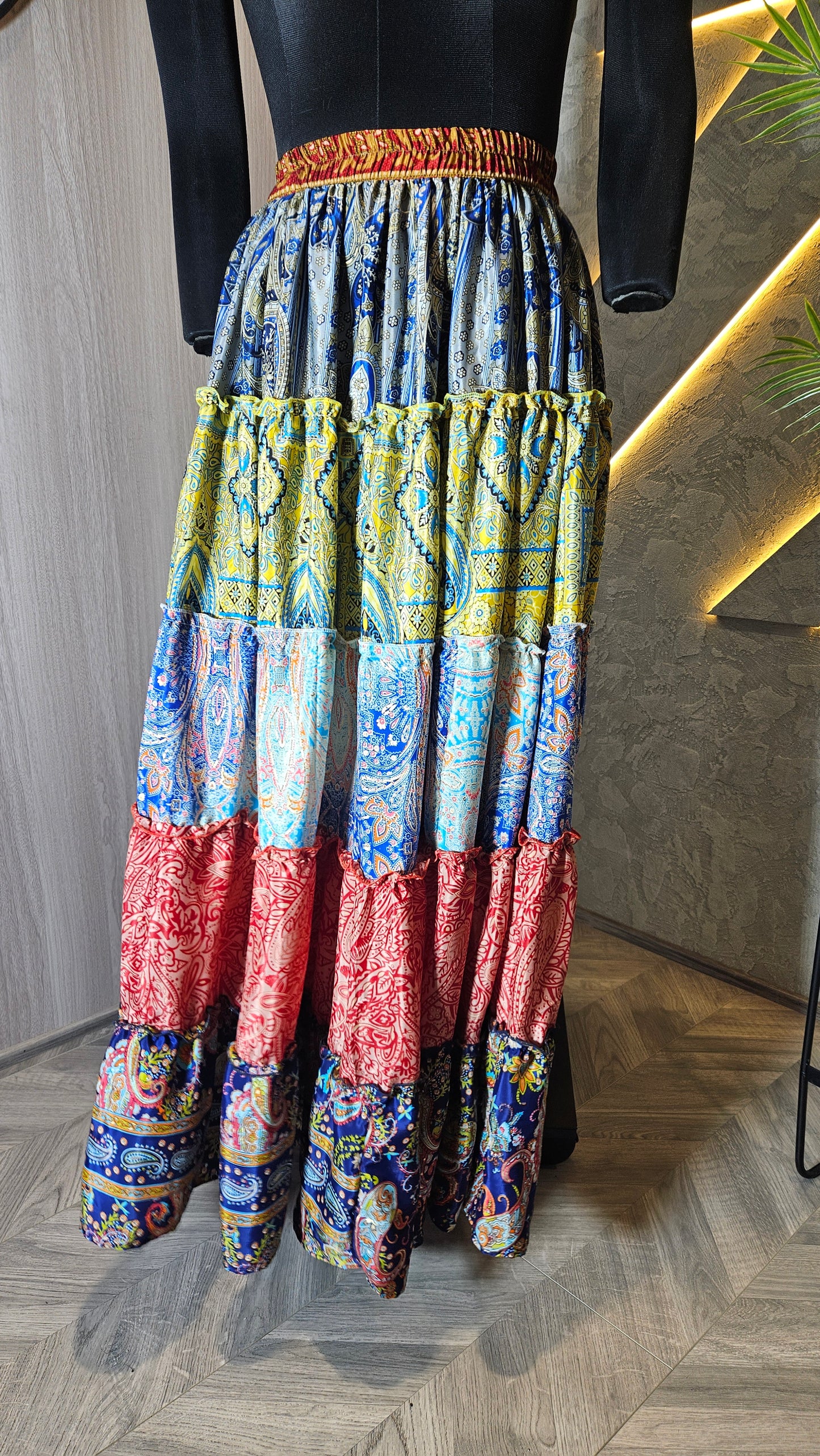 0139-SK-HOB- Bohemian Multicolor Tiered Patchwork Maxi Skirt - Made in India