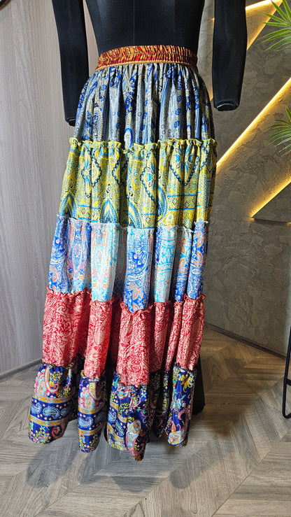 0139-SK-HOB- Bohemian Multicolor Tiered Patchwork Maxi Skirt - Made in India