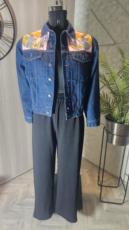 0145-J-HOB-Handcrafted Denim Jacket with Folk Art Bird Embroidery - Made in India