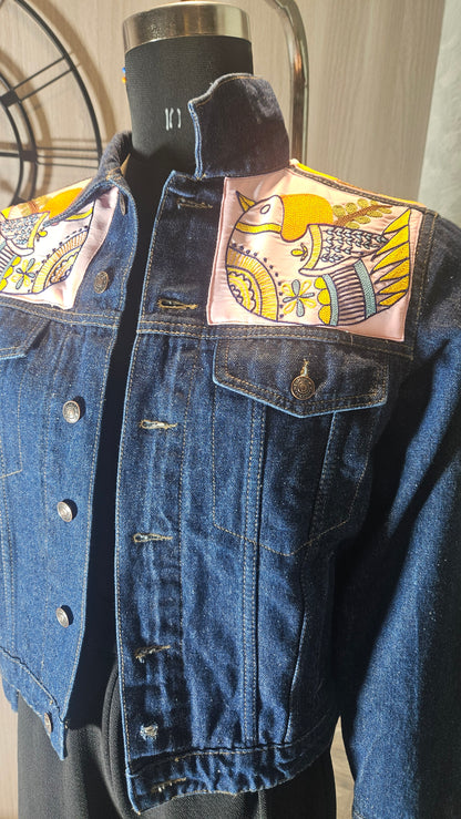0145-J-HOB-Handcrafted Denim Jacket with Folk Art Bird Embroidery - Made in India