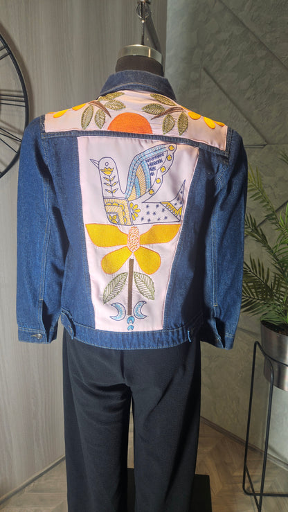 0145-J-HOB-Handcrafted Denim Jacket with Folk Art Bird Embroidery - Made in India