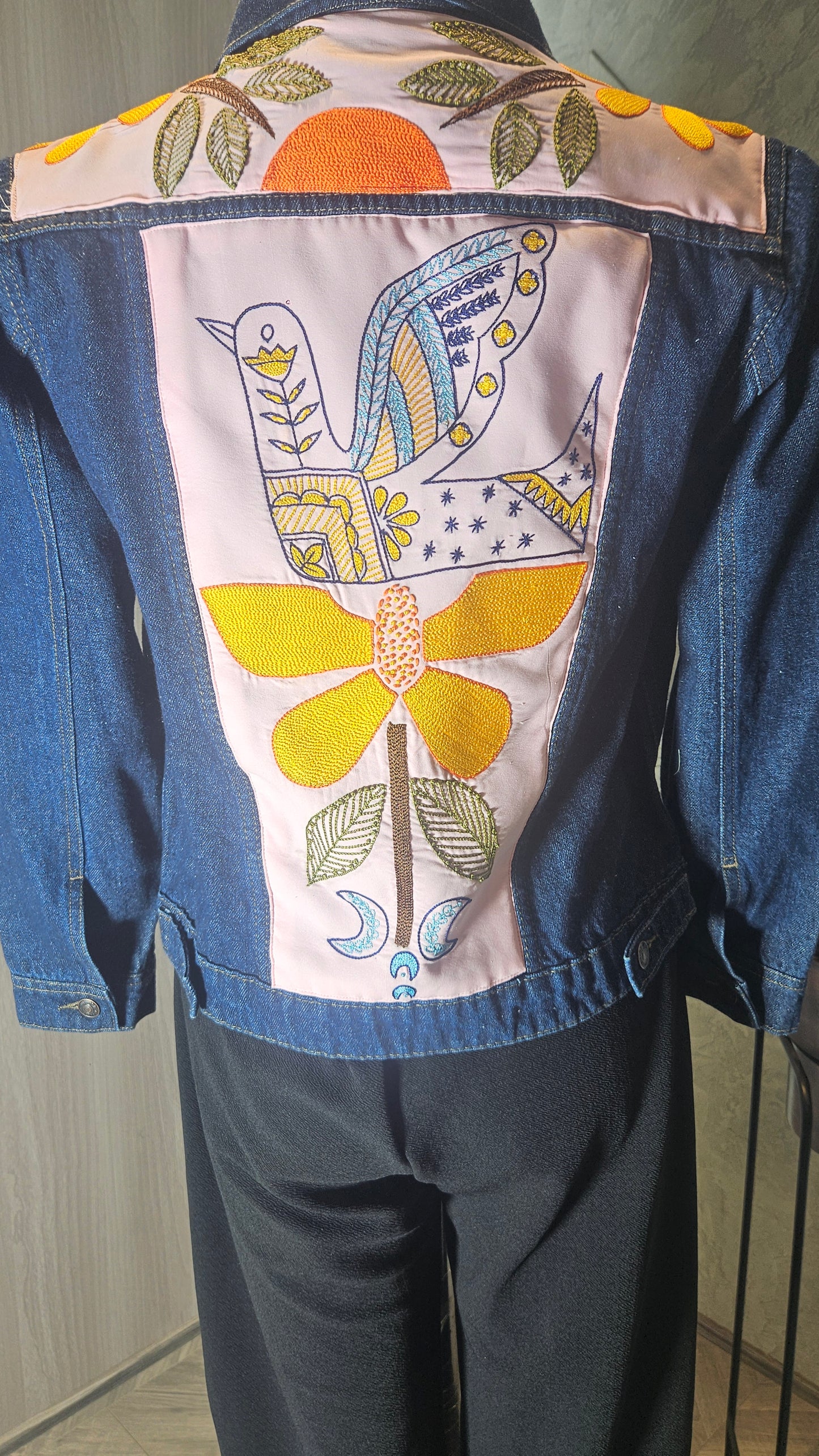 0145-J-HOB-Handcrafted Denim Jacket with Folk Art Bird Embroidery - Made in India