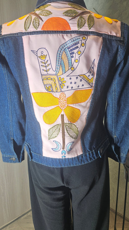 0145-J-HOB-Handcrafted Denim Jacket with Folk Art Bird Embroidery - Made in India