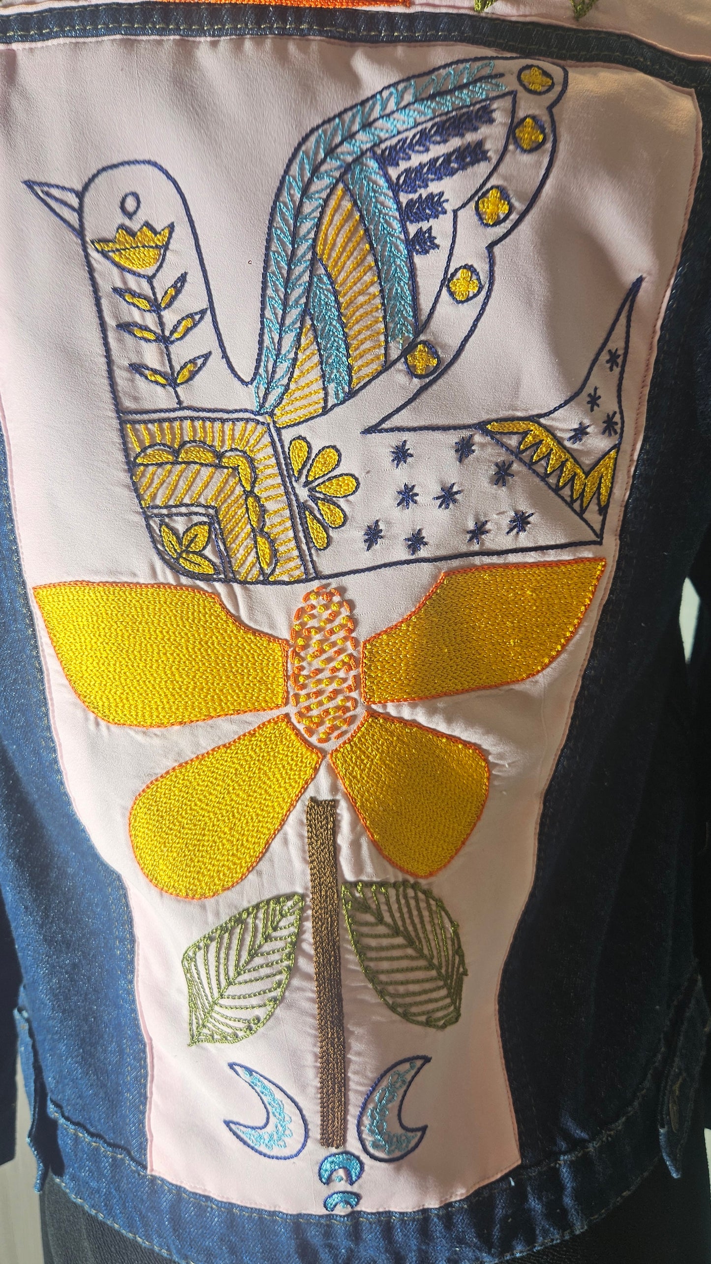 0145-J-HOB-Handcrafted Denim Jacket with Folk Art Bird Embroidery - Made in India