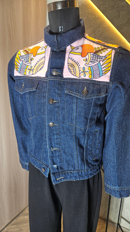 0145-J-HOB-Handcrafted Denim Jacket with Folk Art Bird Embroidery - Made in India
