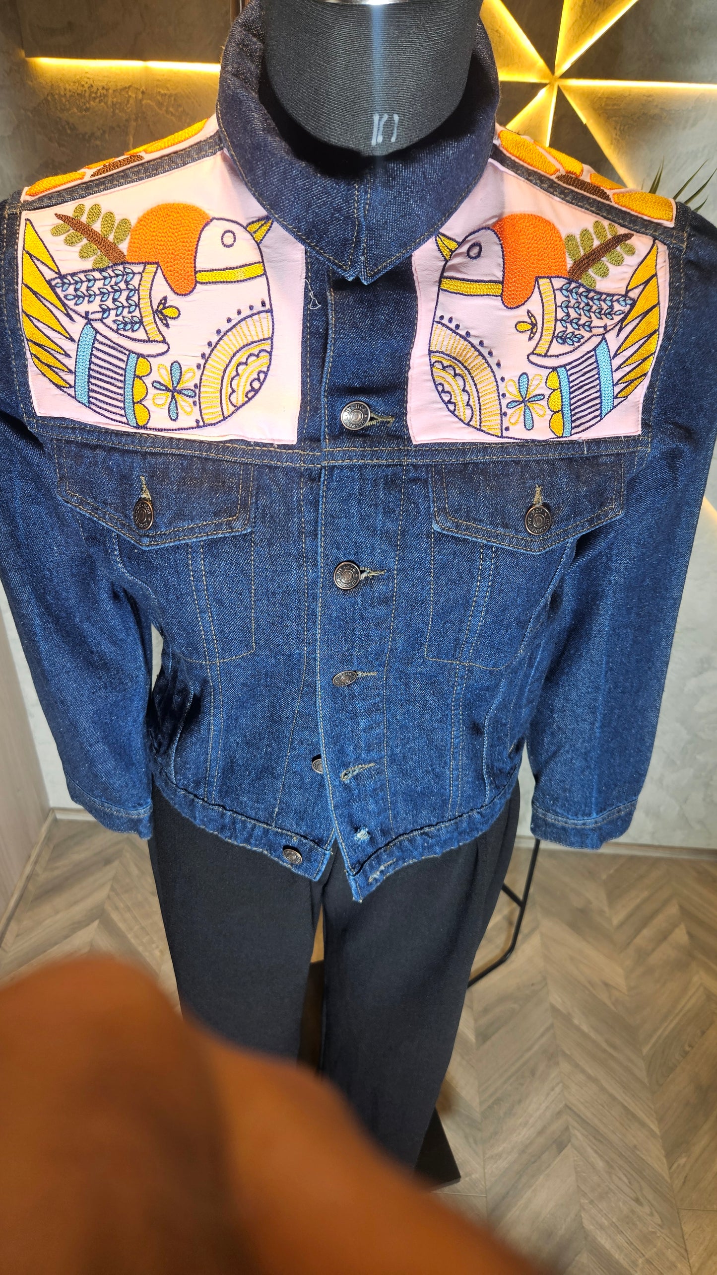 0145-J-HOB-Handcrafted Denim Jacket with Folk Art Bird Embroidery - Made in India