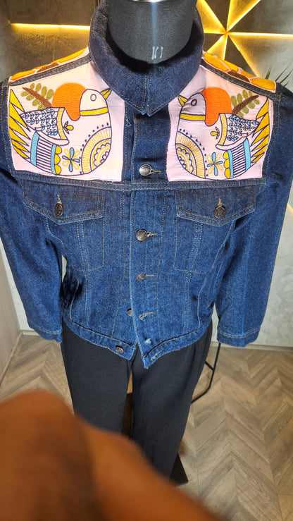 0145-J-HOB-Handcrafted Denim Jacket with Folk Art Bird Embroidery - Made in India
