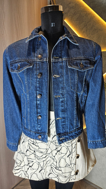 0148-J-HOB-Classic Indigo Denim Jacket with Abstract Print Skirt Set - Made in India