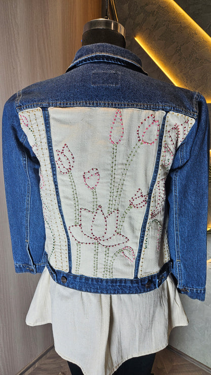 0148-J-HOB-Classic Indigo Denim Jacket with Abstract Print Skirt Set - Made in India