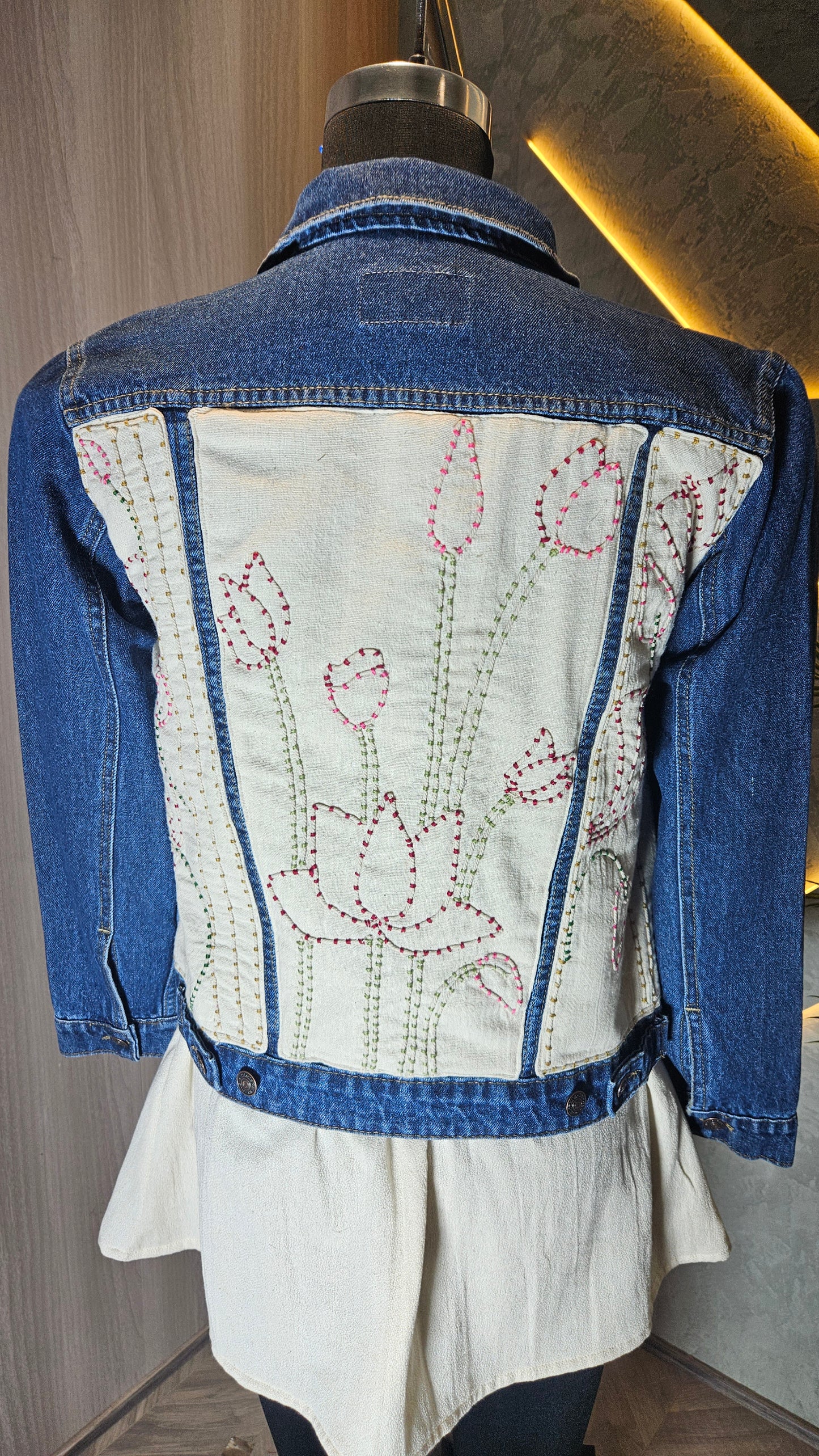 0148-J-HOB-Classic Indigo Denim Jacket with Abstract Print Skirt Set - Made in India