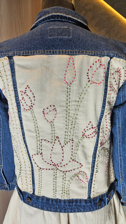 0148-J-HOB-Classic Indigo Denim Jacket with Abstract Print Skirt Set - Made in India