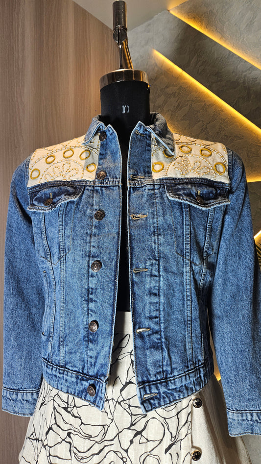 0149-J-HOB-Embroidered Patchwork Denim Jacket - Made in India