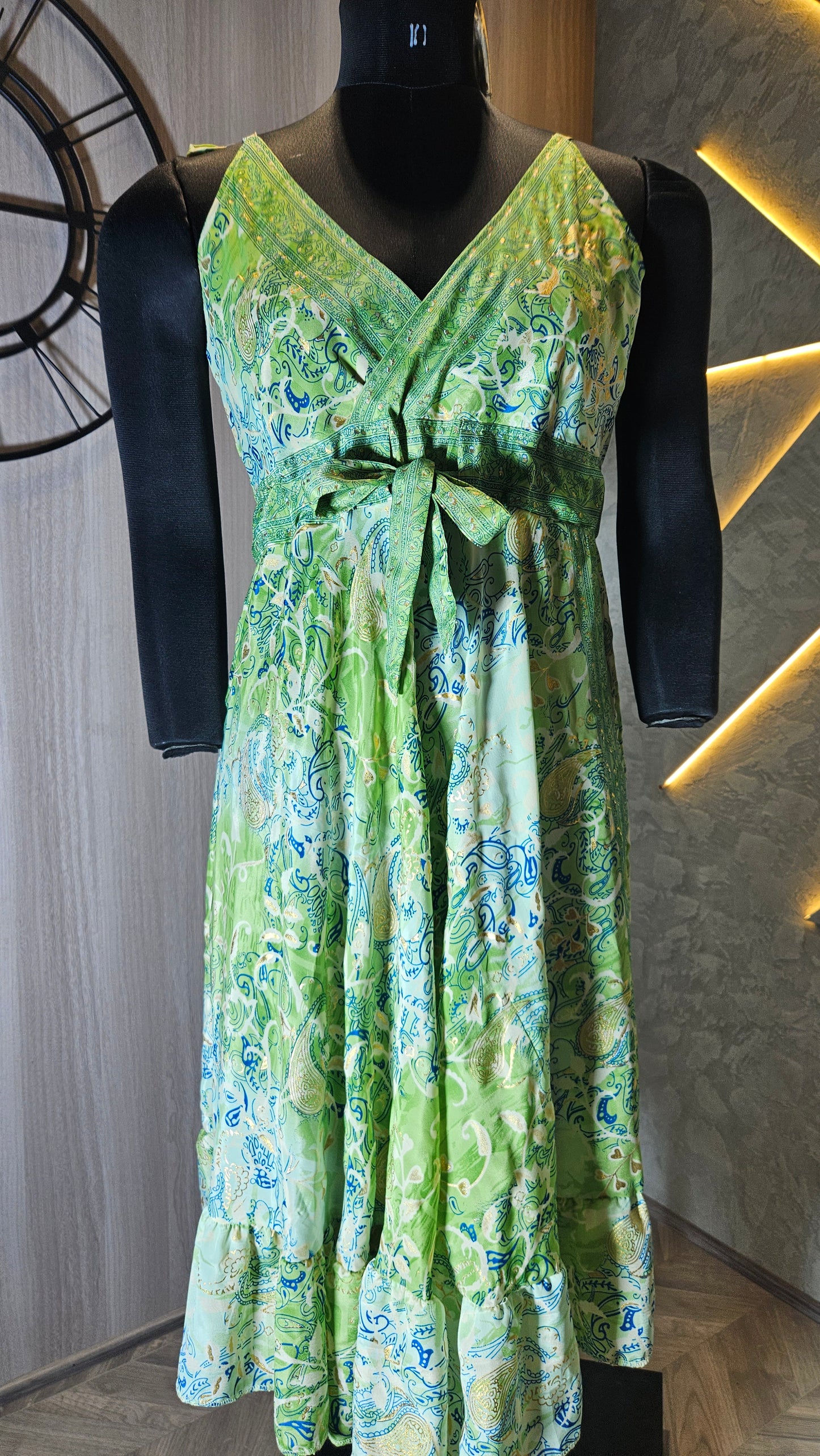 0156-D-HOB-Boho Chic Paisley Wrap Dress – Green & Aqua- Made in India