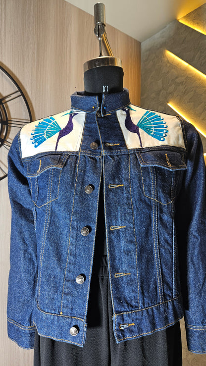 0157-J-HOB-Elegant Denim Jacket with Handcrafted Peacock Embroidery- Made in India