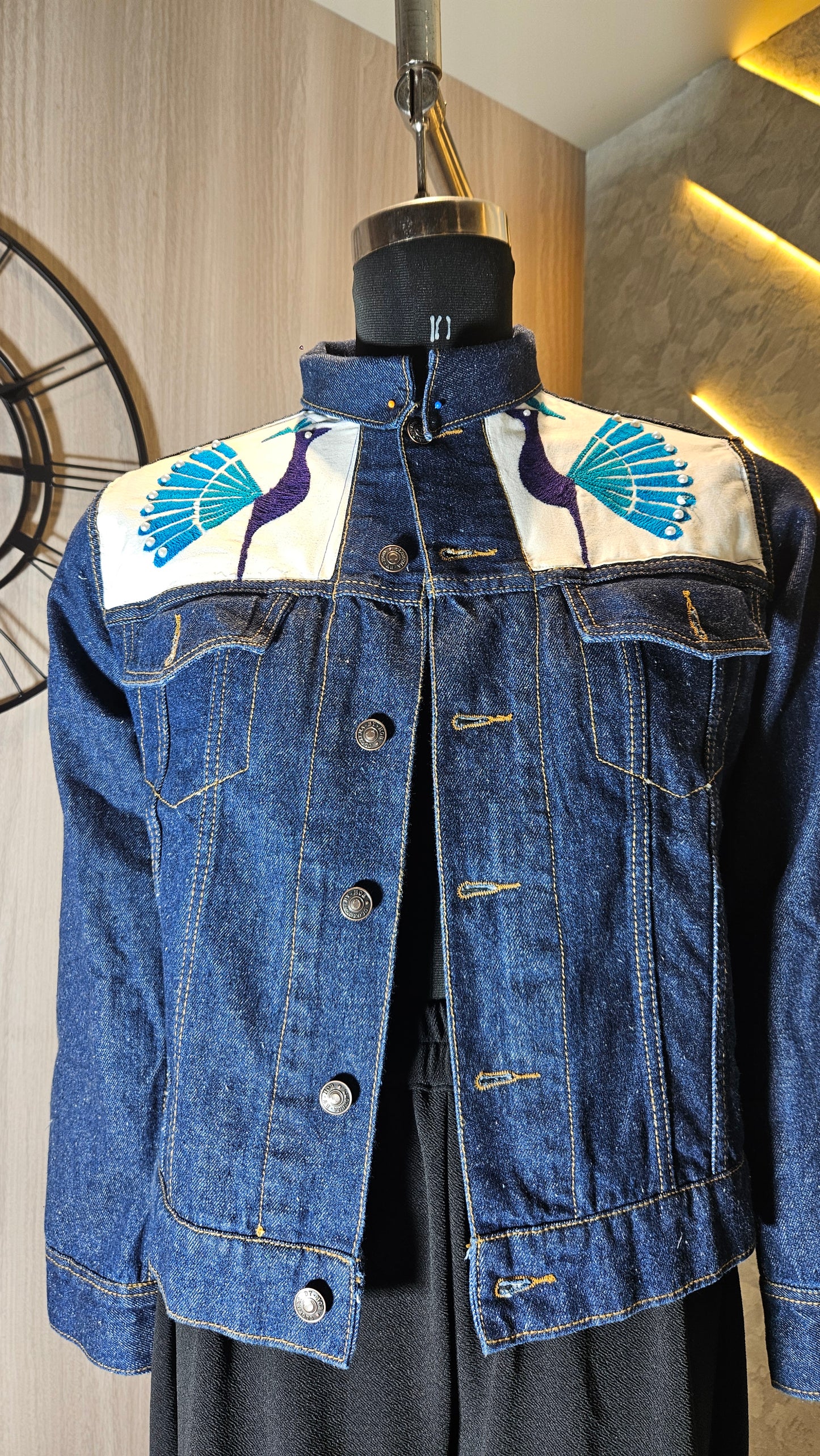 0157-J-HOB-Elegant Denim Jacket with Handcrafted Peacock Embroidery- Made in India