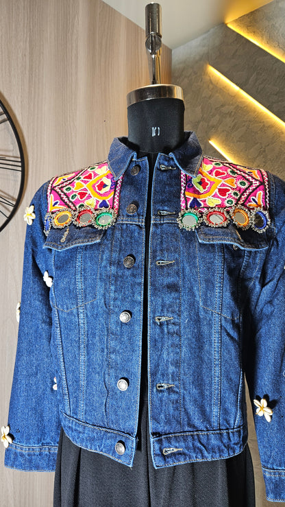 0158-J-HOB-Boho Chic Embroidered Denim Jacket with Mirror Work - Made in India